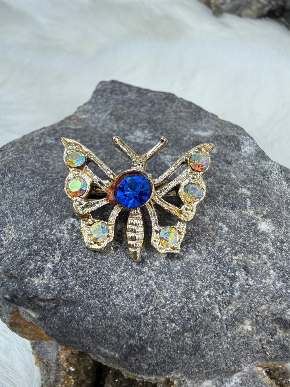Vintage Petite Rhinestone Butterfly Gold Tone Brooch .75" X 1"
